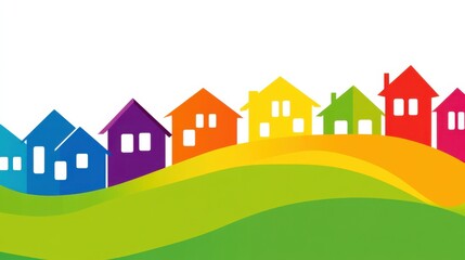 Colorful stylized houses on a rolling green hill with a bright background, ideal for design projects