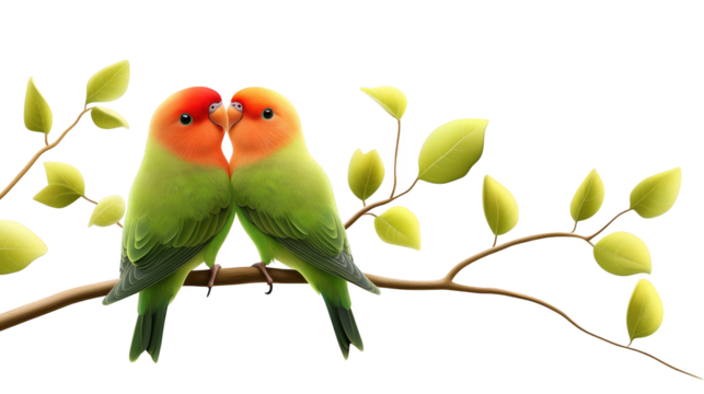 Two birds enjoying a moment together on leafy branch 