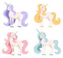 Set of magical unicorns. Flat vector illustration.