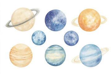 The image features a collection of eight watercolor illustrations of planets, each with unique colors and rings
