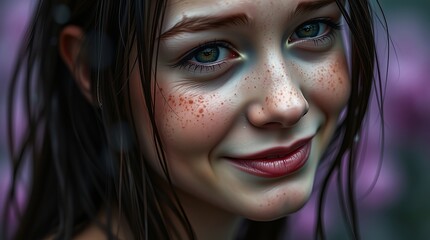 A young girl with freckles and wet hair smiles gently against a blurred floral background.