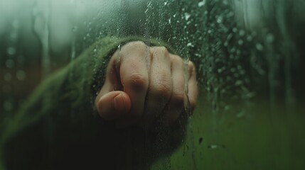 A person's hand is shown in a window with raindrops on it