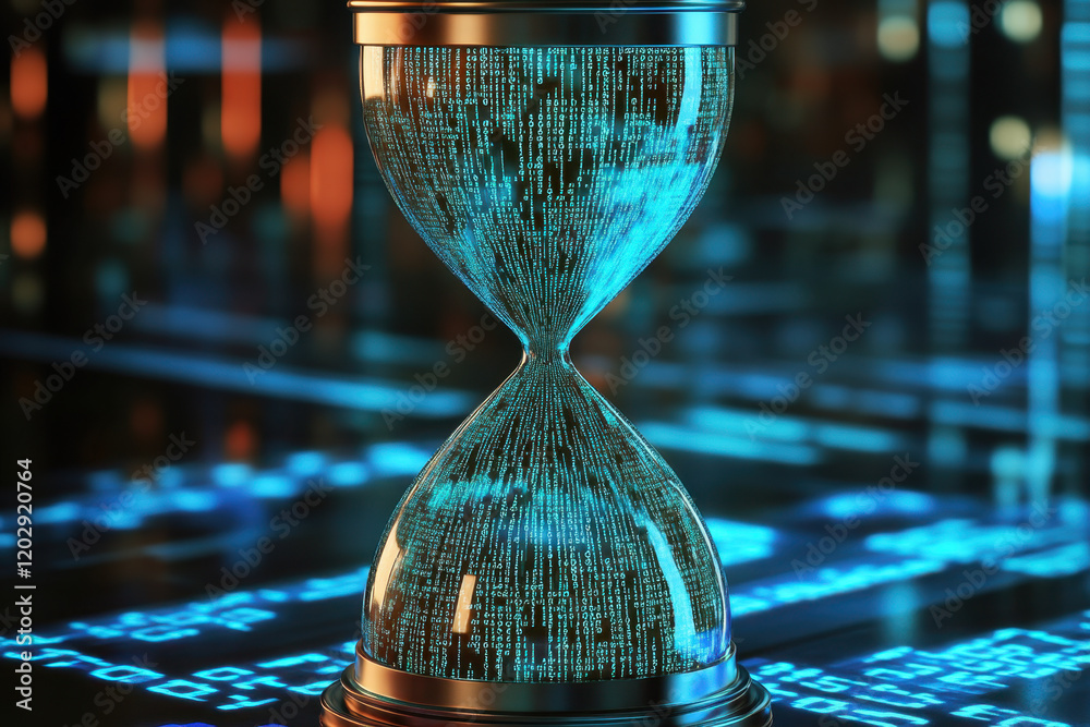 Wall mural a futuristic hourglass with binary code and data instead of sand