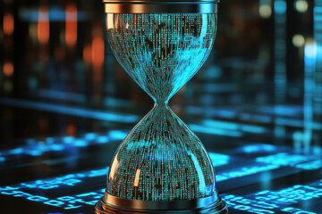 A futuristic hourglass with binary code and data instead of sand