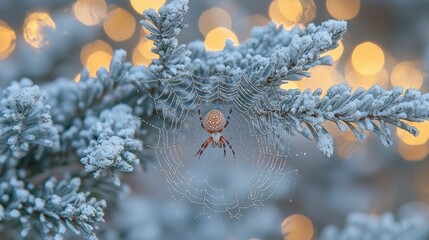 A close-up of a spider spinning its web between branches, set in a forest environment, with soft light filtering through the trees and the intricate web details in focus.