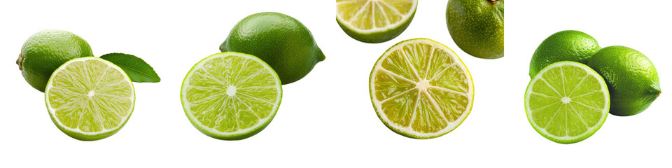 Lush Green Limes Sliced and Whole on White Background  Healthy Organic Citrus Fruit with Copy Space for Recipes Cooking or Healthy Lifestyle Concepts