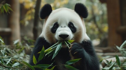 Obraz premium Panda eating bamboo in enclosure, lush greenery background. Wildlife conservation image
