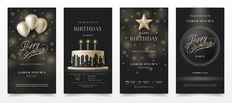 Set of Happy birthday invitation banner template. Birthday greeting card with 3D elegant cake, gold balloon, star on black background for luxury modern birthday anniversary party, invite cards. Vector
