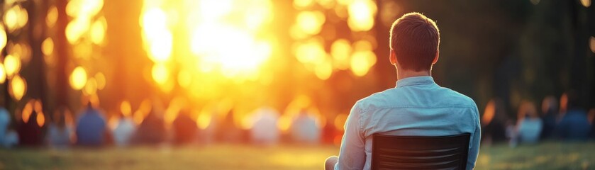 Obraz premium Serene Individual Watching Sunset in a Peaceful Setting Surrounded by Nature, Evoking Feelings of Tranquility, Reflection, and Connectedness with the Universe