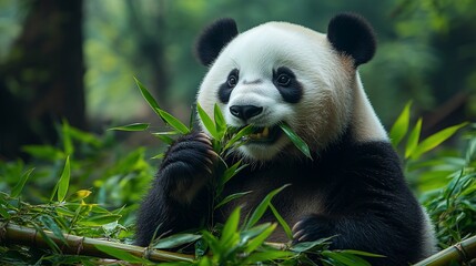 Fototapeta premium Panda eating bamboo in lush forest; wildlife conservation