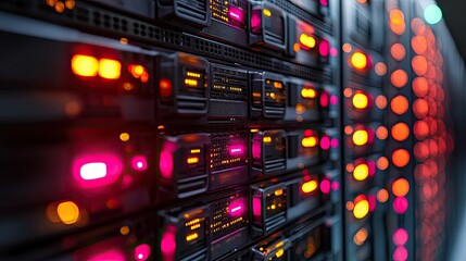 Close-up view of server racks with illuminated indicators, showcasing data storage technology.