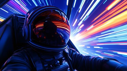 An astronaut in a futuristic cockpit, experiencing high-speed space travel.