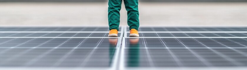 Fototapeta premium Person Standing on Solar Panels with Green Pants and Orange Shoes, Showcasing Sustainable Energy Solutions and Renewable Technology in Modern Environment