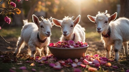 Fototapeta premium Three playful goats enjoying a bowl of flower petals in a sunlit garden.