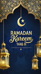 Elegant Ramadhan Kareem 1446H Celebration Vertical Banner with Lantern and Crescent Moon Design