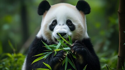 Obraz premium Panda eating bamboo in lush forest