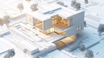 Modern House Architectural Wireframe Rendering