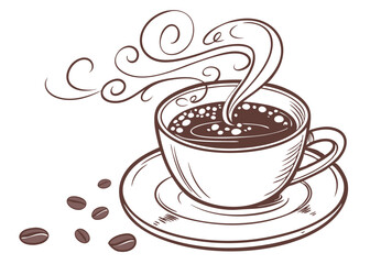 Obraz premium a cup of steaming hot cappuccino, line art vector isolated white background