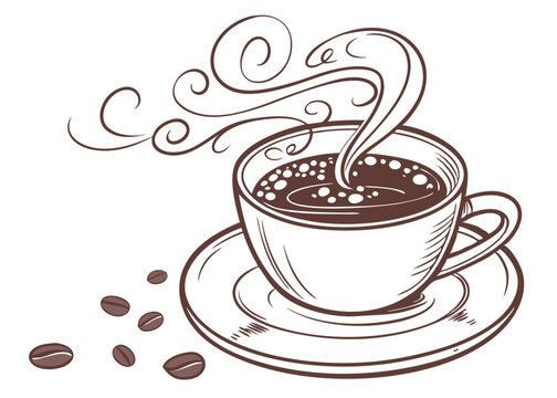 steaming coffee cup on saucer, brown outline clip art preview