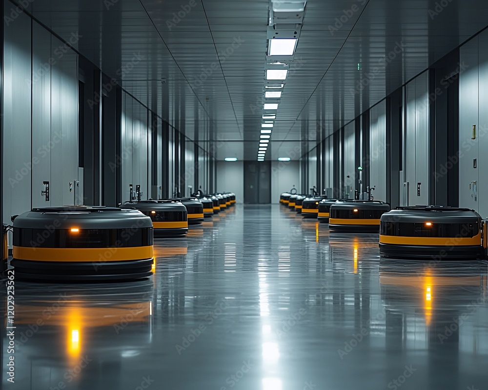 Poster autonomous robots in a modern warehouse corridor.
