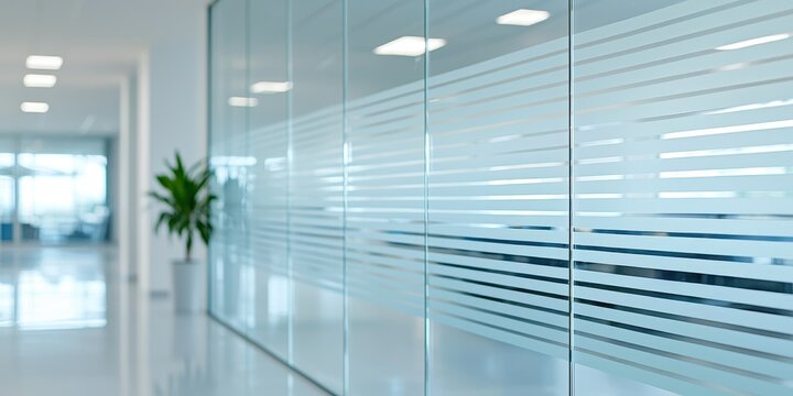 Material resources appearance concept. Modern office interior with frosted glass partitions and a plant, creating a bright and spacious atmosphere.