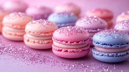 Obraz premium Pastel macarons, pink background, sweet treat, dessert