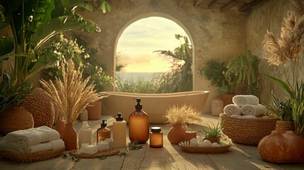 A close-up of a clean bathtub surrounded by organized bath essentials like neatly placed bath salts, lotions, and towels, promoting a relaxing and clutter-free environment.
