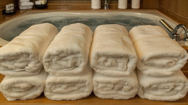 An organized spa bathroom with a spotless bathtub, featuring neatly arranged toiletries, soft towels, and storage solutions that maintain a clean and inviting atmosphere.