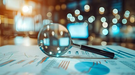 Close-up of a magnifying glass over a printed document with a blurred text background, symbolizing fact-checking and research