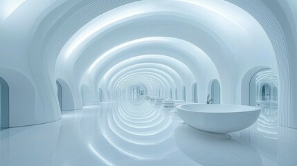 Obraz premium A clean and bright bathtub area with vibrant, reflective surfaces, and soft, bright lighting that highlights the freshness of the space for a perfect bathing experience.