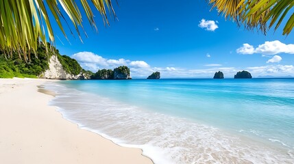 Fototapeta premium Tropical beach paradise with turquoise water and palm trees.