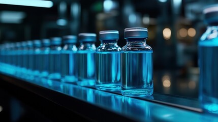 Conveyor Belt of Blue Vials: Pharmaceutical Production