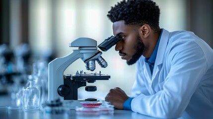 A researcher in a white lab coat examines samples from petri dishes under an advanced microscope, focusing on microorganisms in a well-equipped, sterile lab designed for microbiological research.