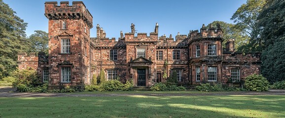 Fototapeta premium Majestic sandstone castle with crenellated towers, surrounded by lush greenery.
