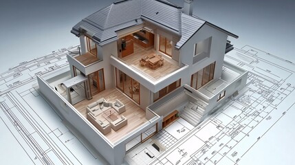 Architectural Model House on Blueprint