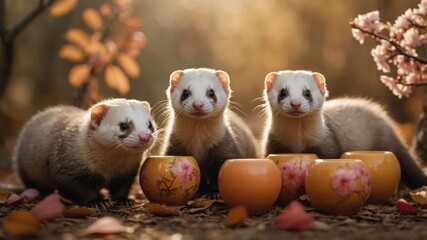 Three ferrets playfully positioned near decorative bowls in a serene, autumnal setting.