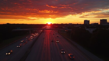 Obraz premium Fiery Sunset Over Highway and Cityscape