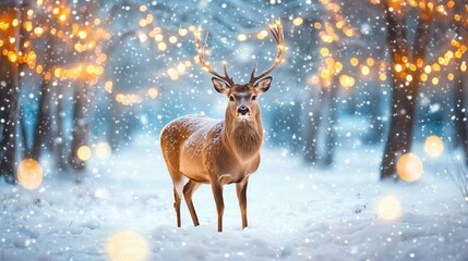 A serene winter scene featuring a lone deer with antlers standing in a snowy forest.