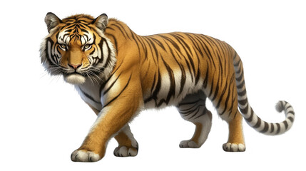 Obraz premium A tiger majestically walking across dark, black background, showcasing its powerful and elegant stride.