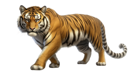 A tiger majestically walking across dark, black background, showcasing its powerful and elegant stride.