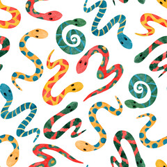 Cute pattern with colorful cartoon snakes. Watercolor seamless texture on white background. Symbol of Chinese New Year 2025. Template for wrapping paper..