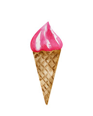 Ice cream watercolor clipart. Summer ice cream cone, strawberry in vintage style isolated on white background.