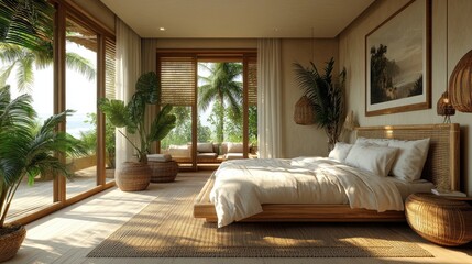 Obraz premium Tropical hotel room interior design with ocean view: comfortable double bed and wooden furniture