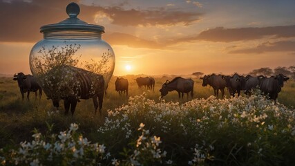 Obraz premium A surreal scene with cows grazing near a glass jar filled with flowers at sunset.