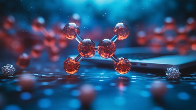 Scientists in a laboratory performing molecular modeling for drug discovery, using a laptop to analyze results, with lab samples in the foreground and space for informative text.