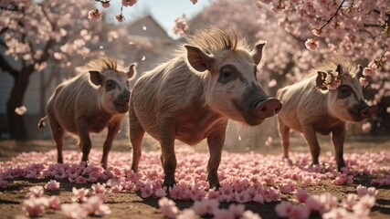 Fototapeta premium Three pigs amidst pink cherry blossom flowers in a serene landscape.