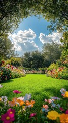 Fototapeta premium Blooming garden with lush green grass and vibrant flowers under a cloudy sky