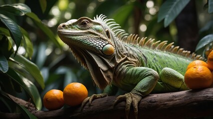Fototapeta premium A green iguana poses on a branch surrounded by oranges in a lush environment.