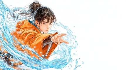 A dynamic illustration of a person in an orange cloak, wielding water with energy and grace against a white background.