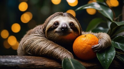 Fototapeta premium A sloth resting with an orange, surrounded by greenery and soft lights.